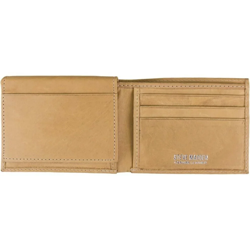Men's Yellow Attached Flip Pockets Genuine Leather Wallet Card Extra Capacity